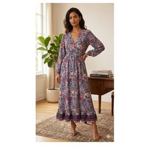 Masala Paisley‎ Maxi Dress Pink Blue V-Neck Long Sleeve Boho Floral XL